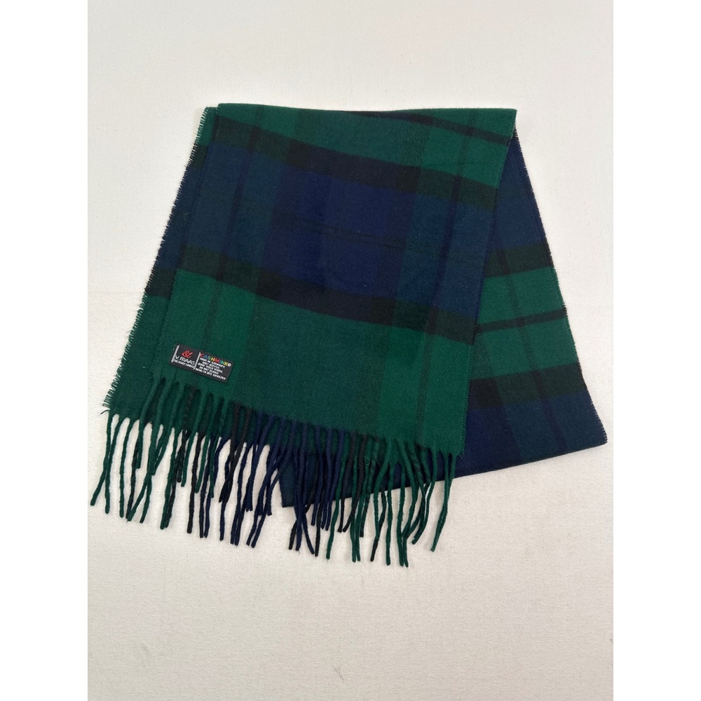 V. Fraas Scarf Mens OS Green Navy Plaid Cashmink Made in Germany Fringe Winter